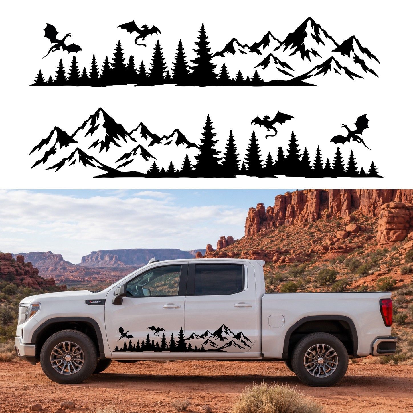 Mirrored Dragon Forest Mountain Vinyl Decal Pair RV Truck Camper Graphics V4