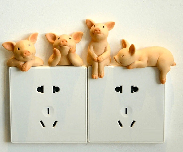 Cute Pig Switch Sticker Resin Wall Socket Statue Bedroom Home Decor