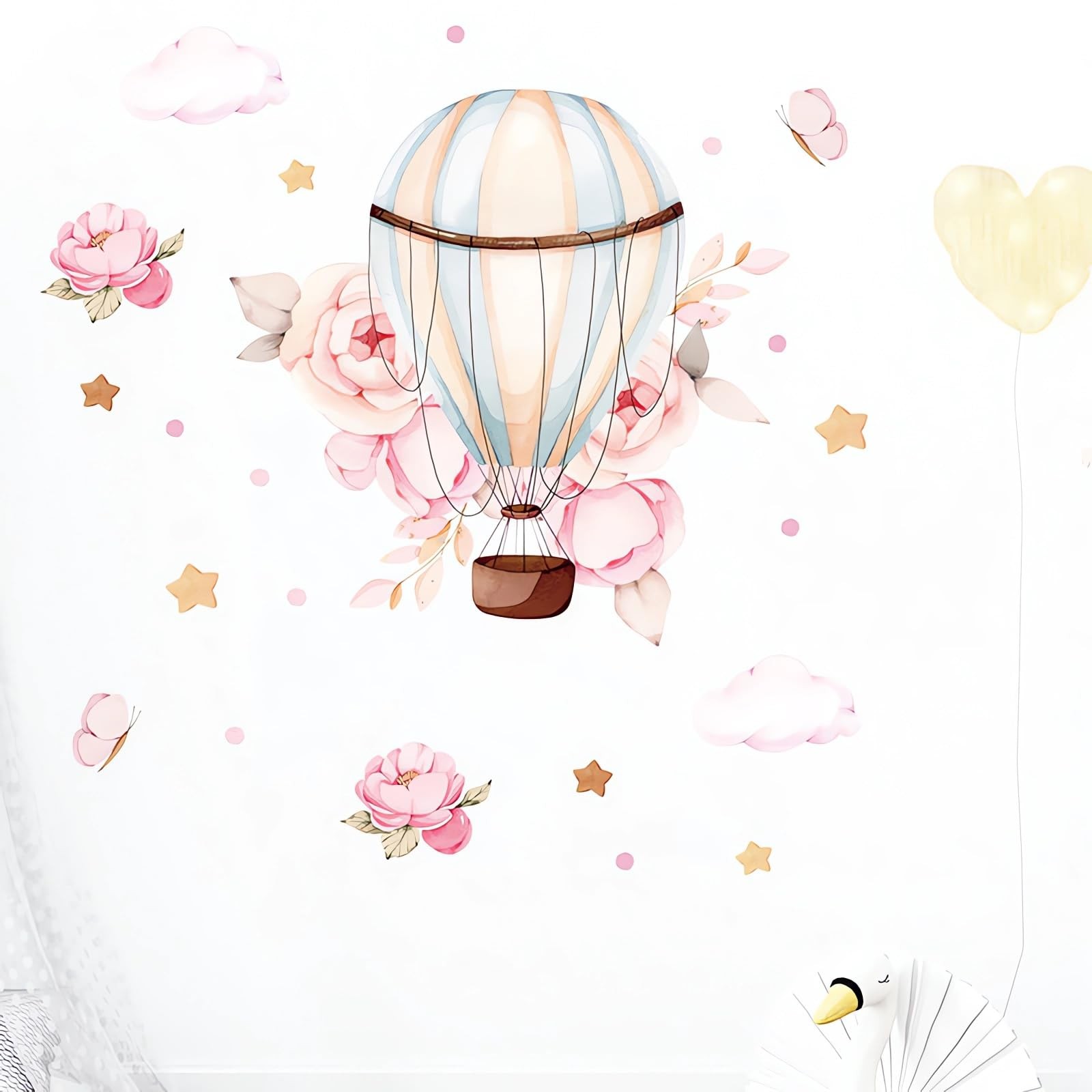 Pink Peony Rose Hot Air Balloon Star Flower Wall Stickers, Cartoon DIY Art Wa…