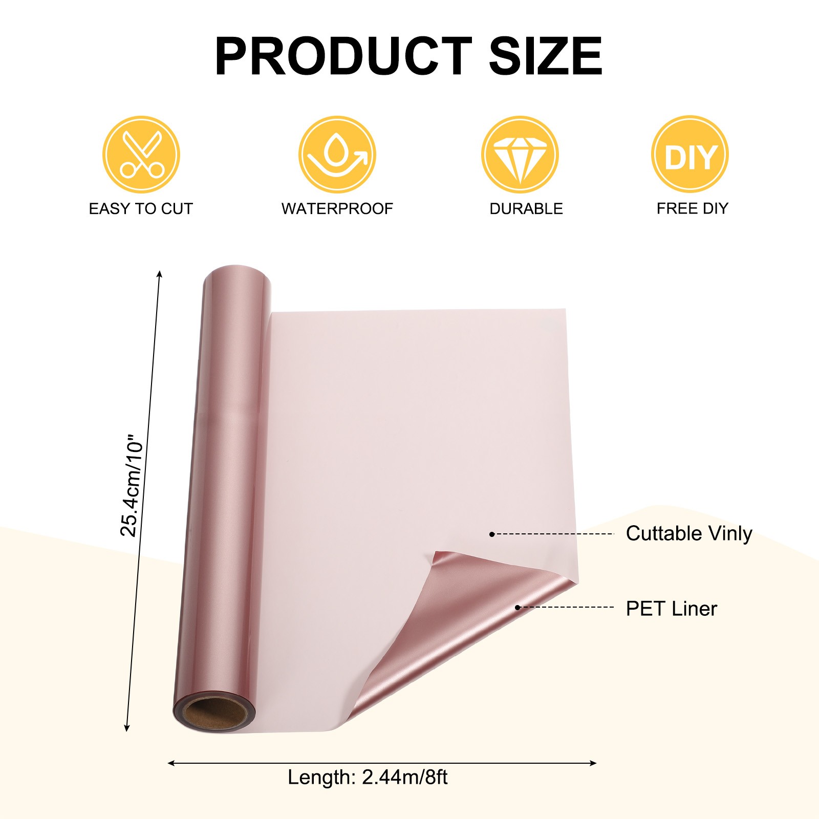 Rose Gold Permanent Vinyl, 10"" x 8ft Roll for Brand