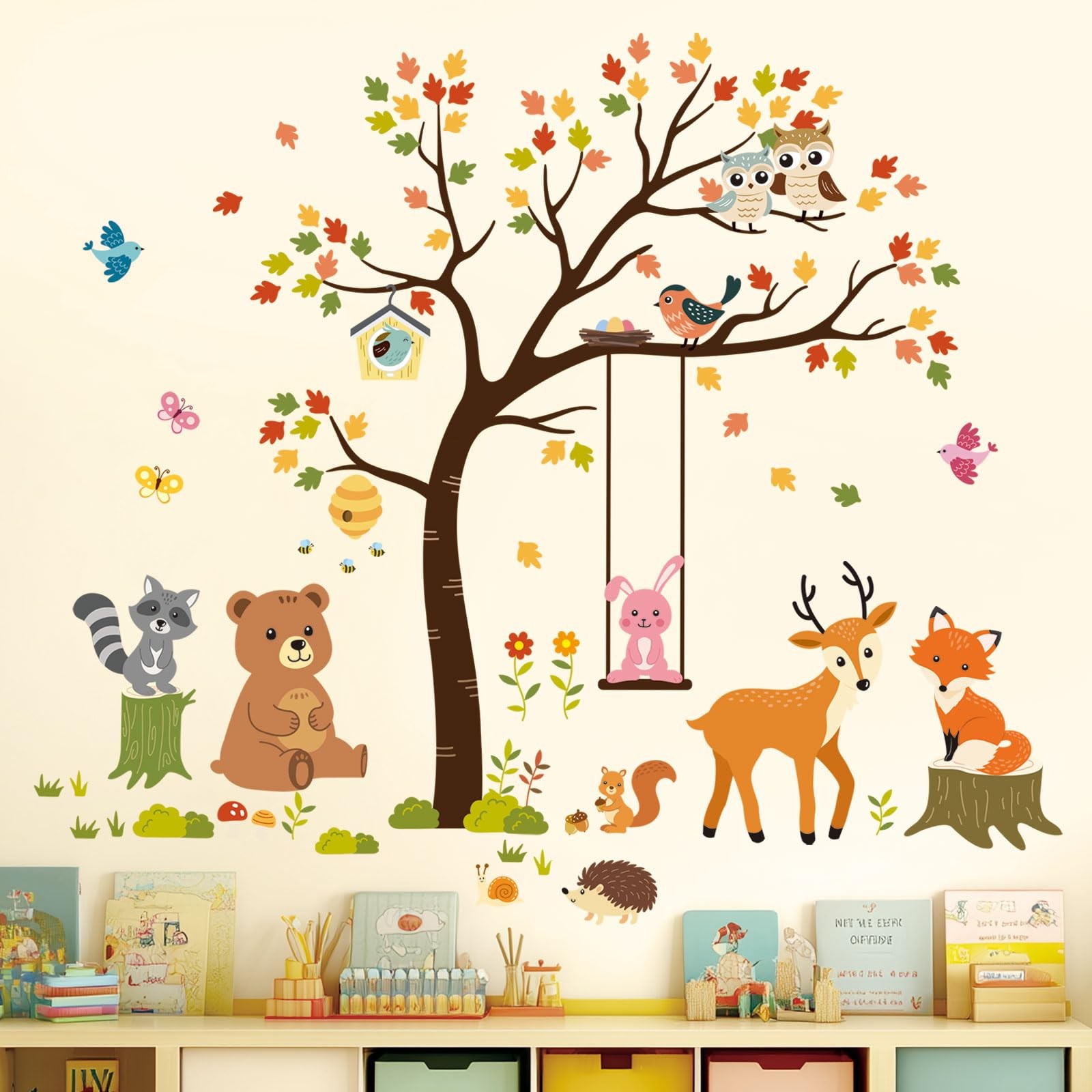SG-2208 Tree and Animals Wall Decals Stickers Nursery Kids Autumn Bedroom d?c…