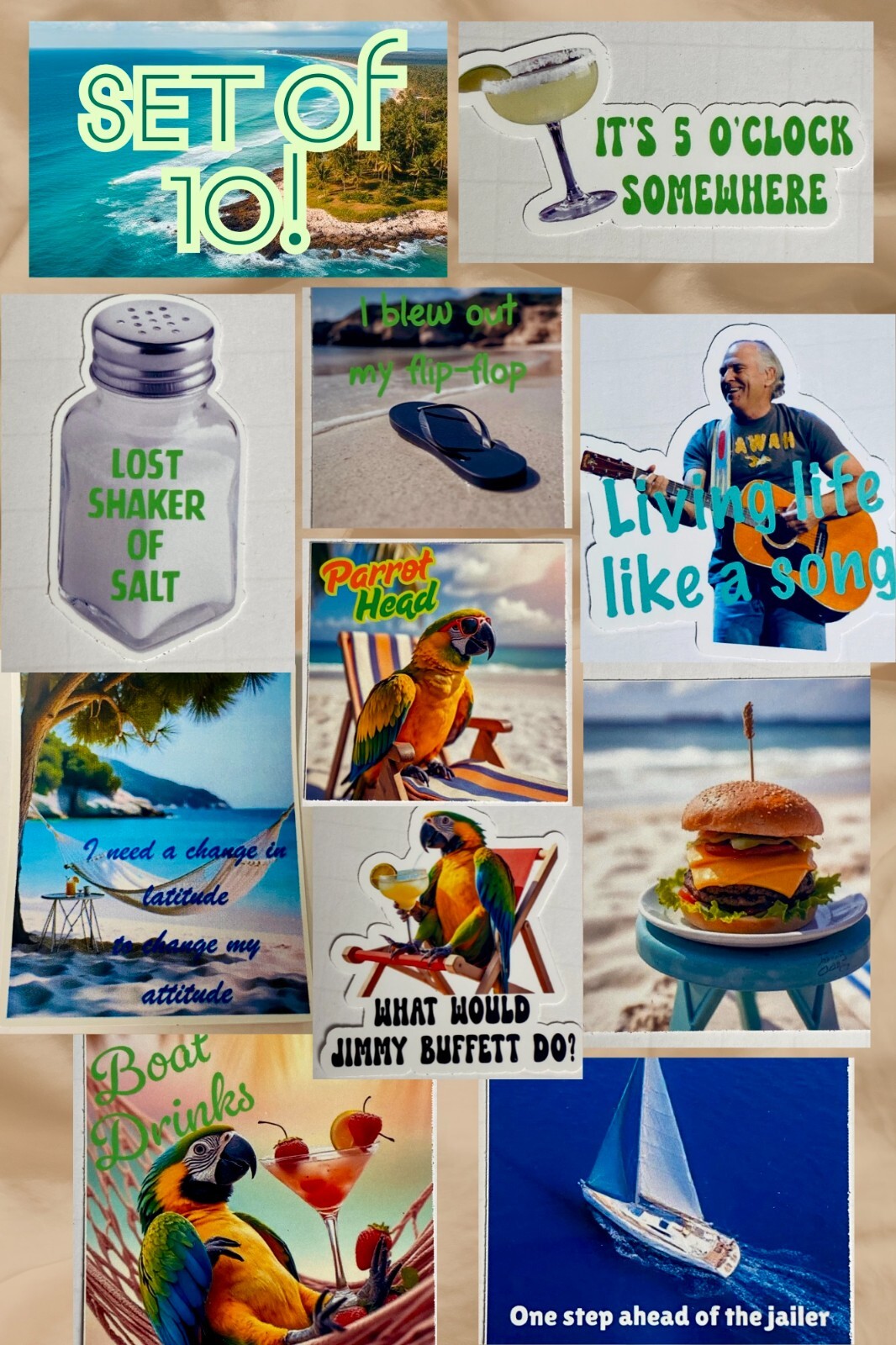 Jimmy Buffett Sticker Set of 10 WATERPROOF Margaritaville Parrothead Lost Shaker