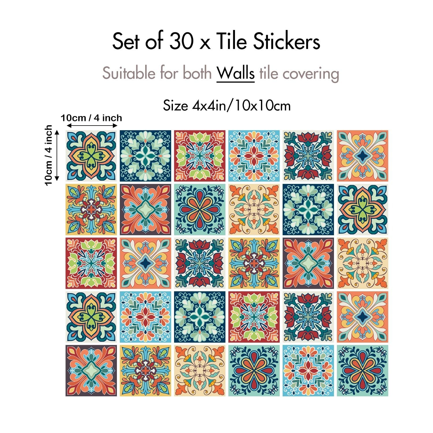 30 Pack, 4×4 Inch Colorful Bohemian Tile Stickers, Peel and Stick Patchwork V…