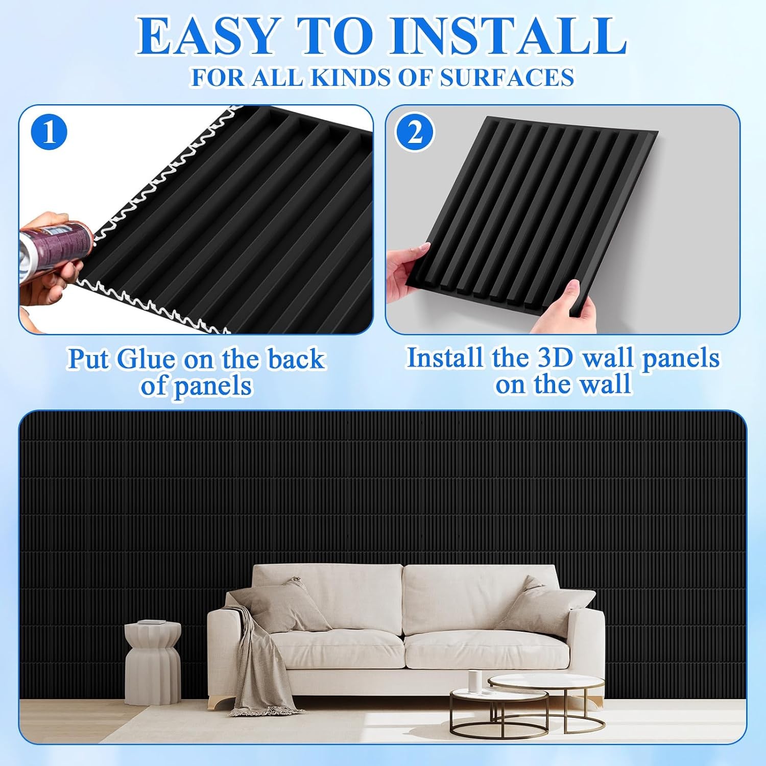 60 Pcs 3D Wall Panels Interior Wall Decor 12"x12" Fluted Textured Black Accent