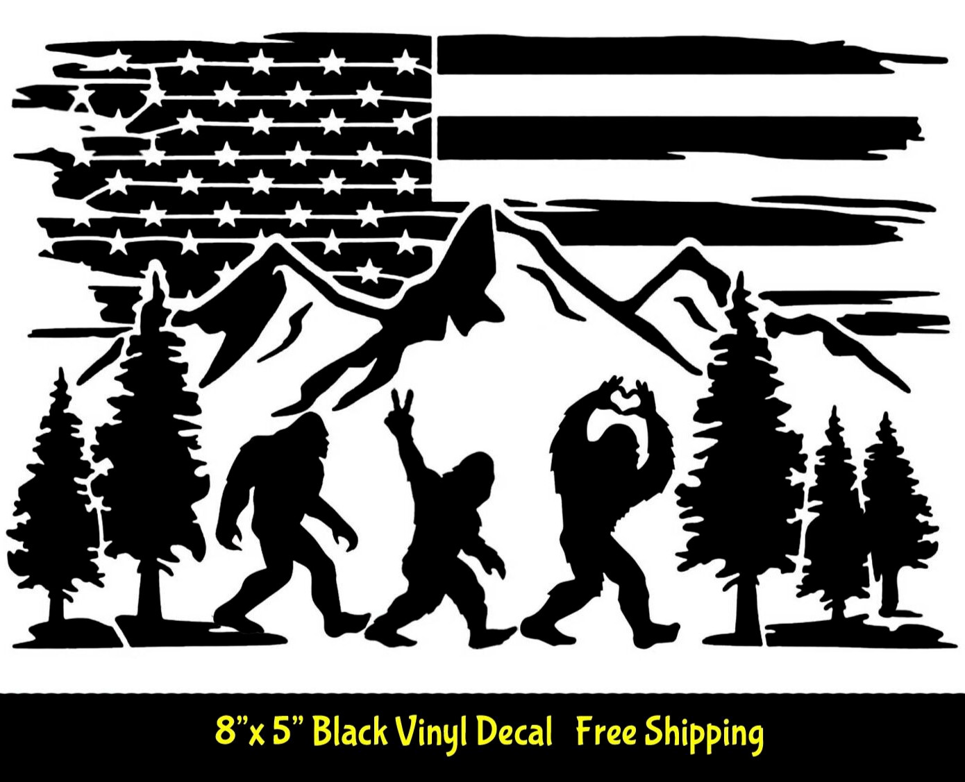 Bigfoot Sasquatch Having Fun American Flag Mountain Range 8" Black Vinyl Decal