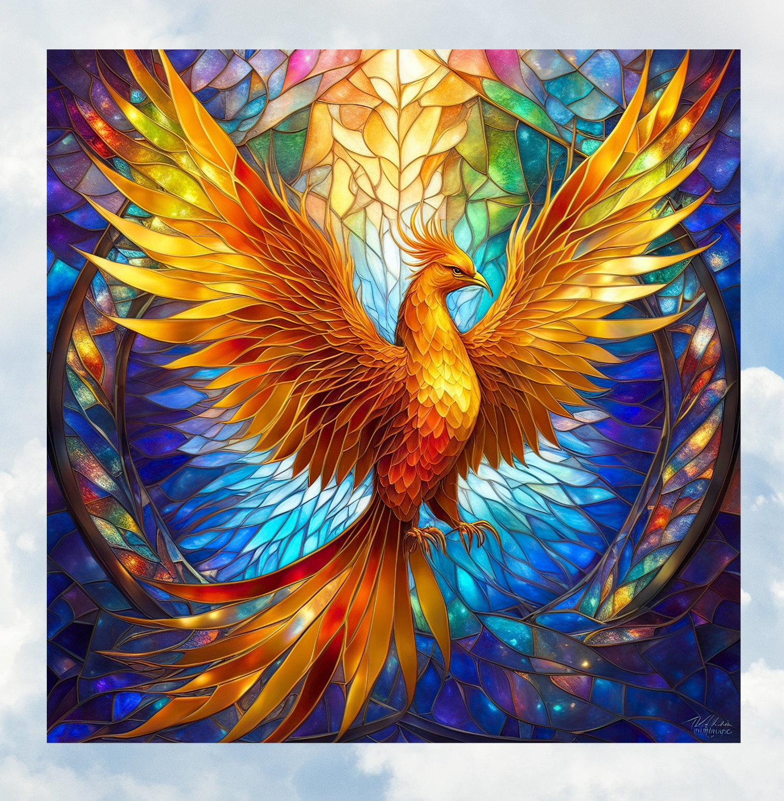 Pheonix Faux Stained-Glass WINDOW CLING Size 8" Square Repositionable Vinyl