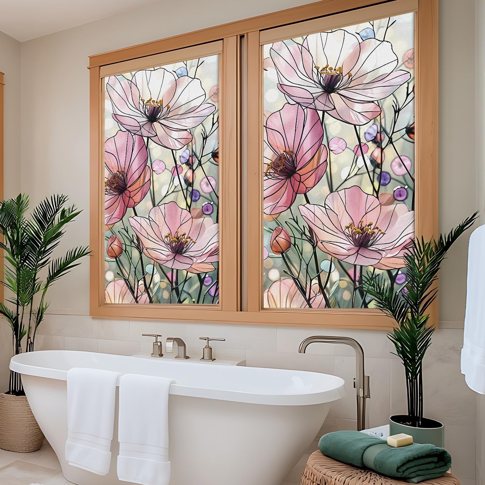 23. 6 x 35. 4 Inch Pink Poppy Glass Window Film Decorative Large Floral Non A…
