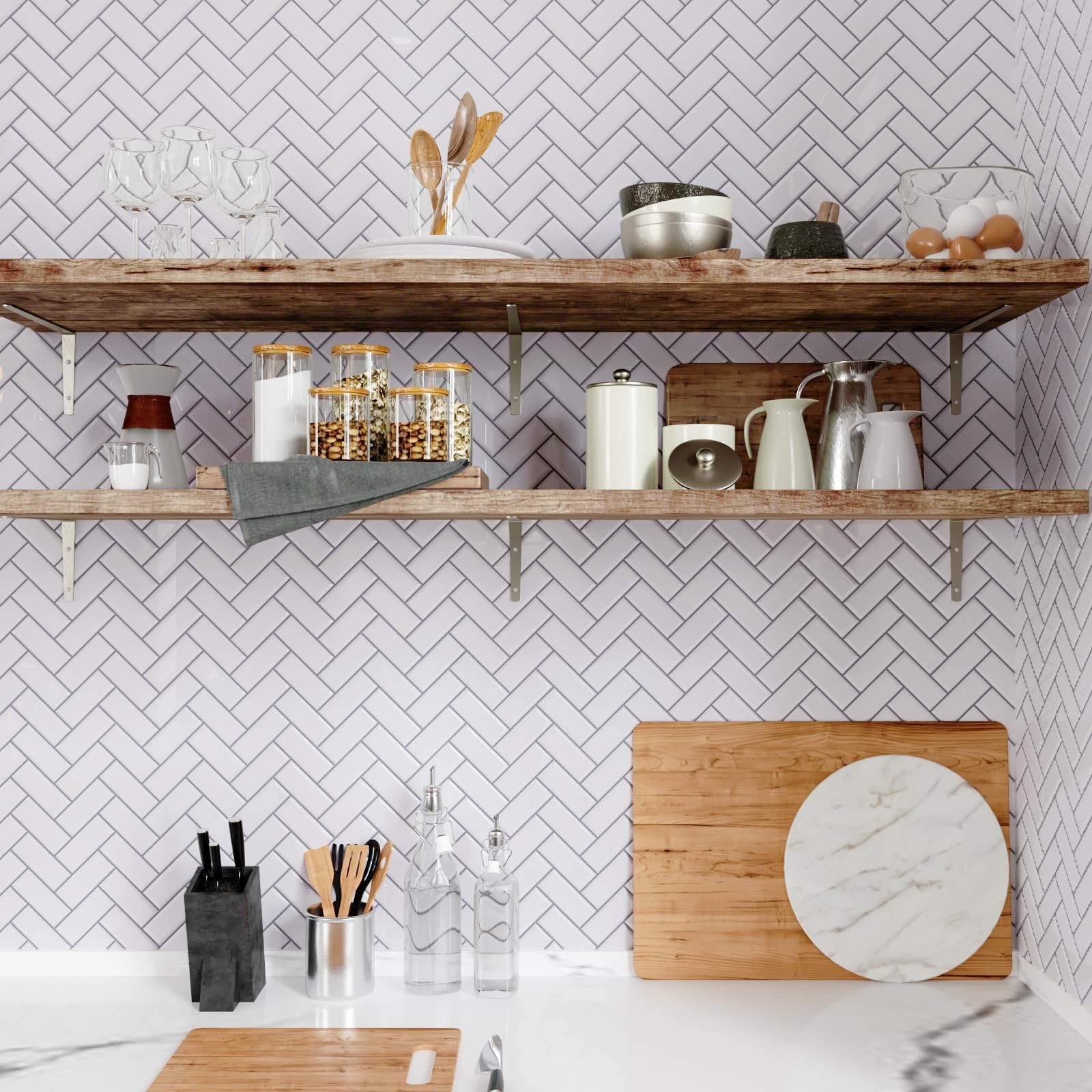 4 Sheets White Herringbone Peel and Stick Backsplash for Kitchen 12"x12" Peel…