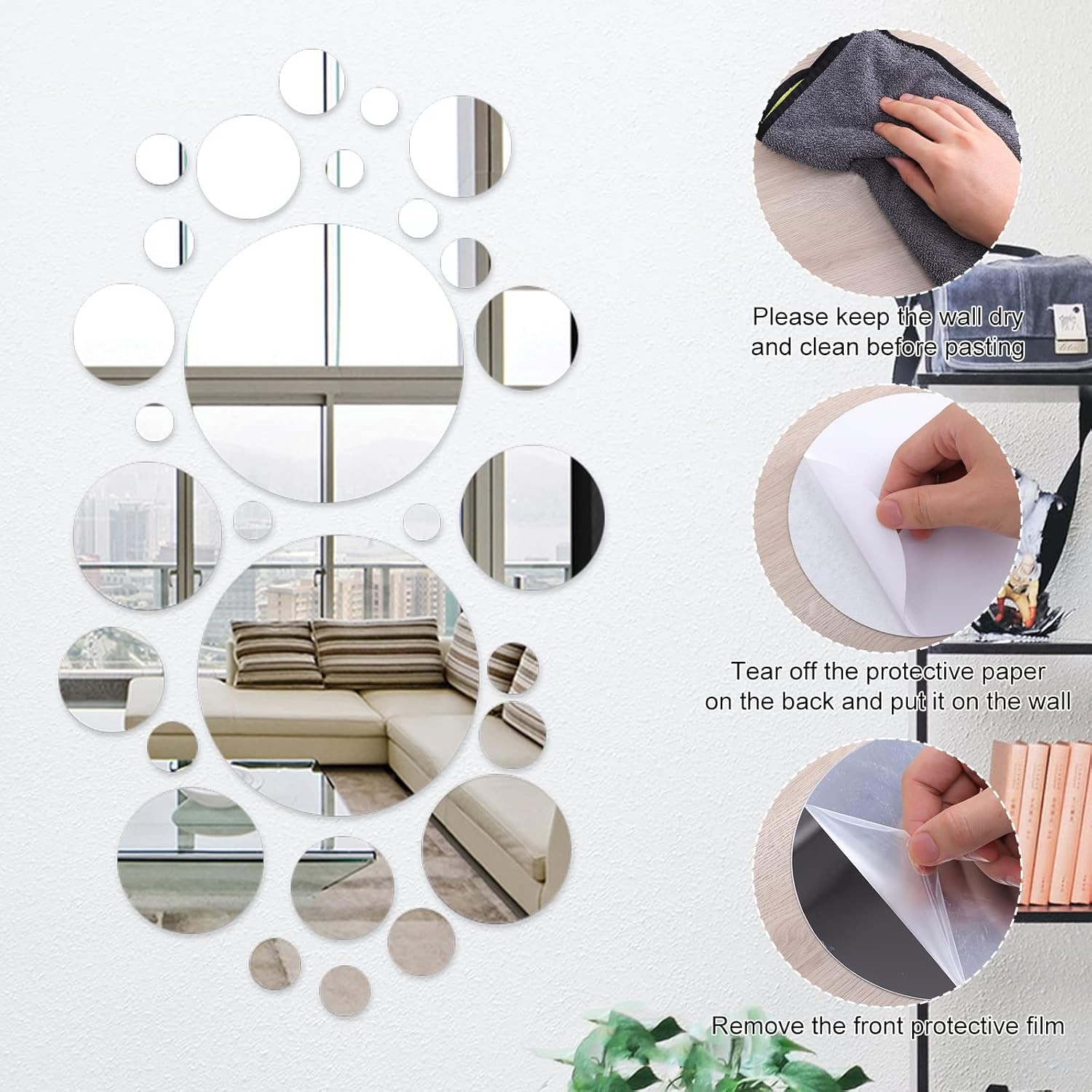 Acrylic Circle Mirror Decals, 32-Pc Removable Wall Sticker Set for Home Decor