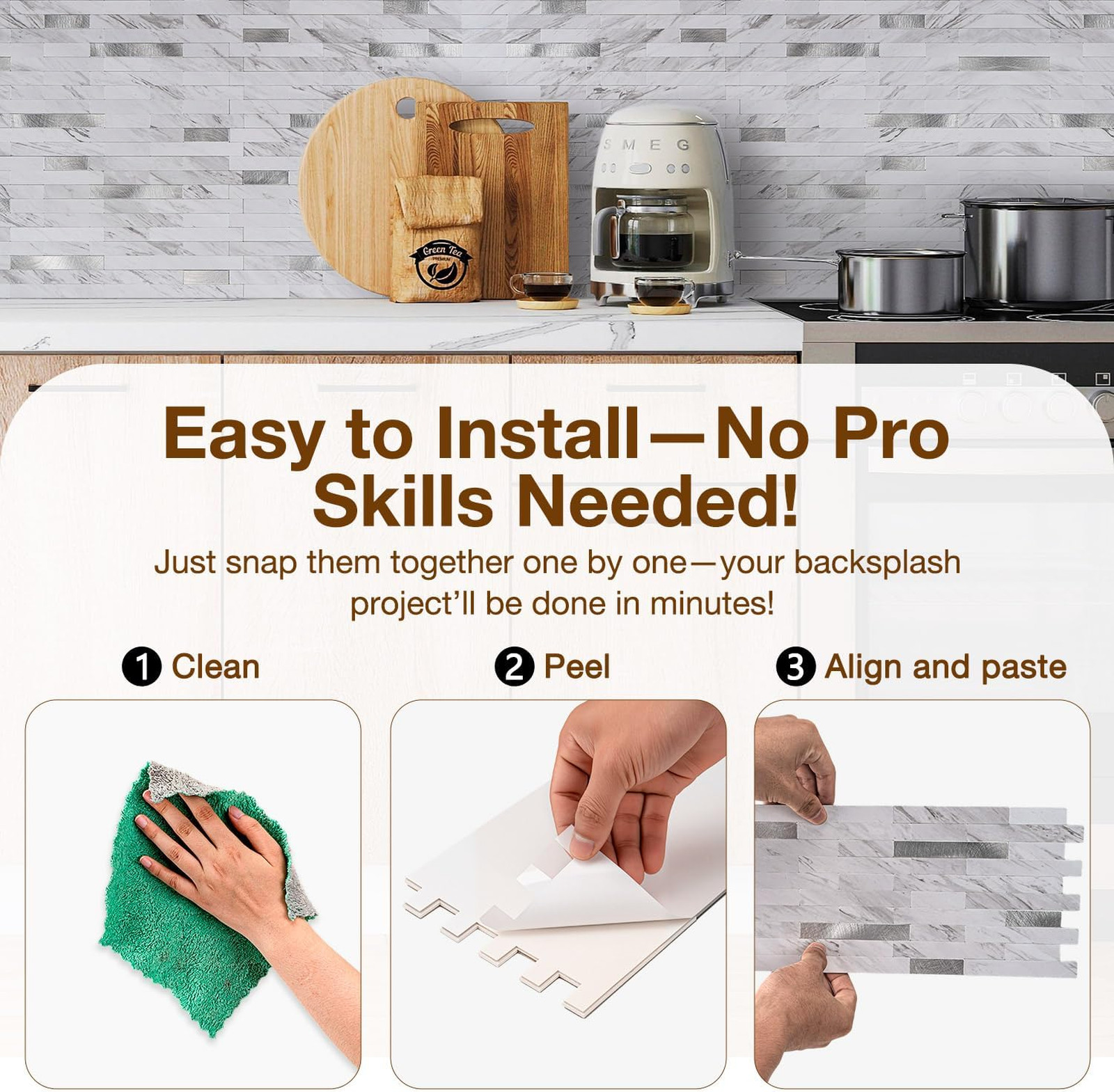 Peel and Stick Backsplash Tile Waterproof PVC Wall Sticker 3D Faux Stone Marble