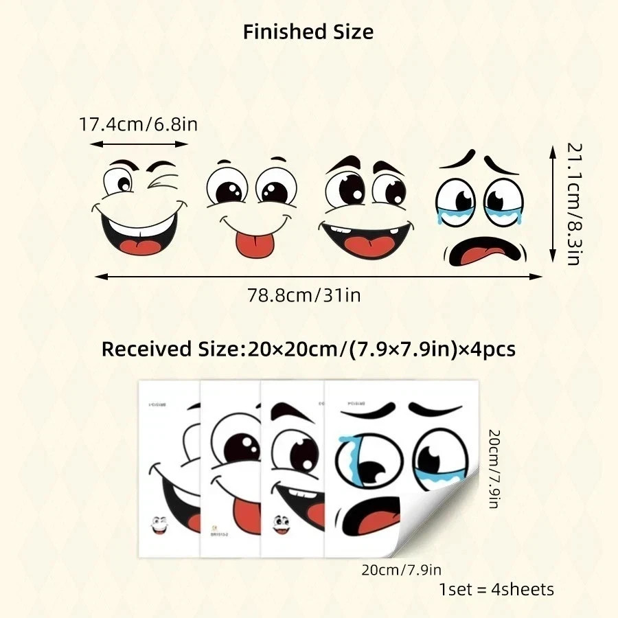 4Sheets Cartoon Face Stickers Self Adhesive Removable Funny Wall Trash Can Decor