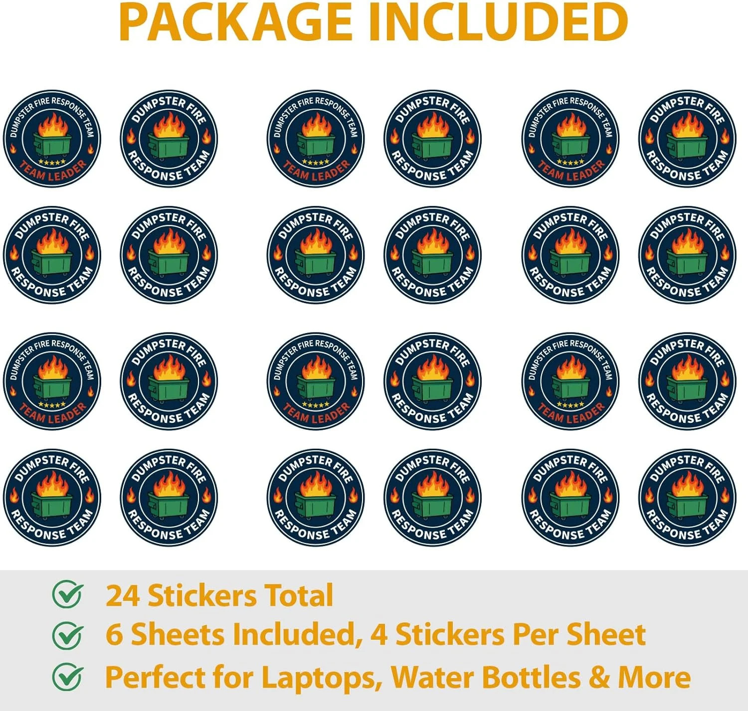 24 Pack Dumpster Fire Response Team Stickers Waterproof Durable Vinyl Decals for
