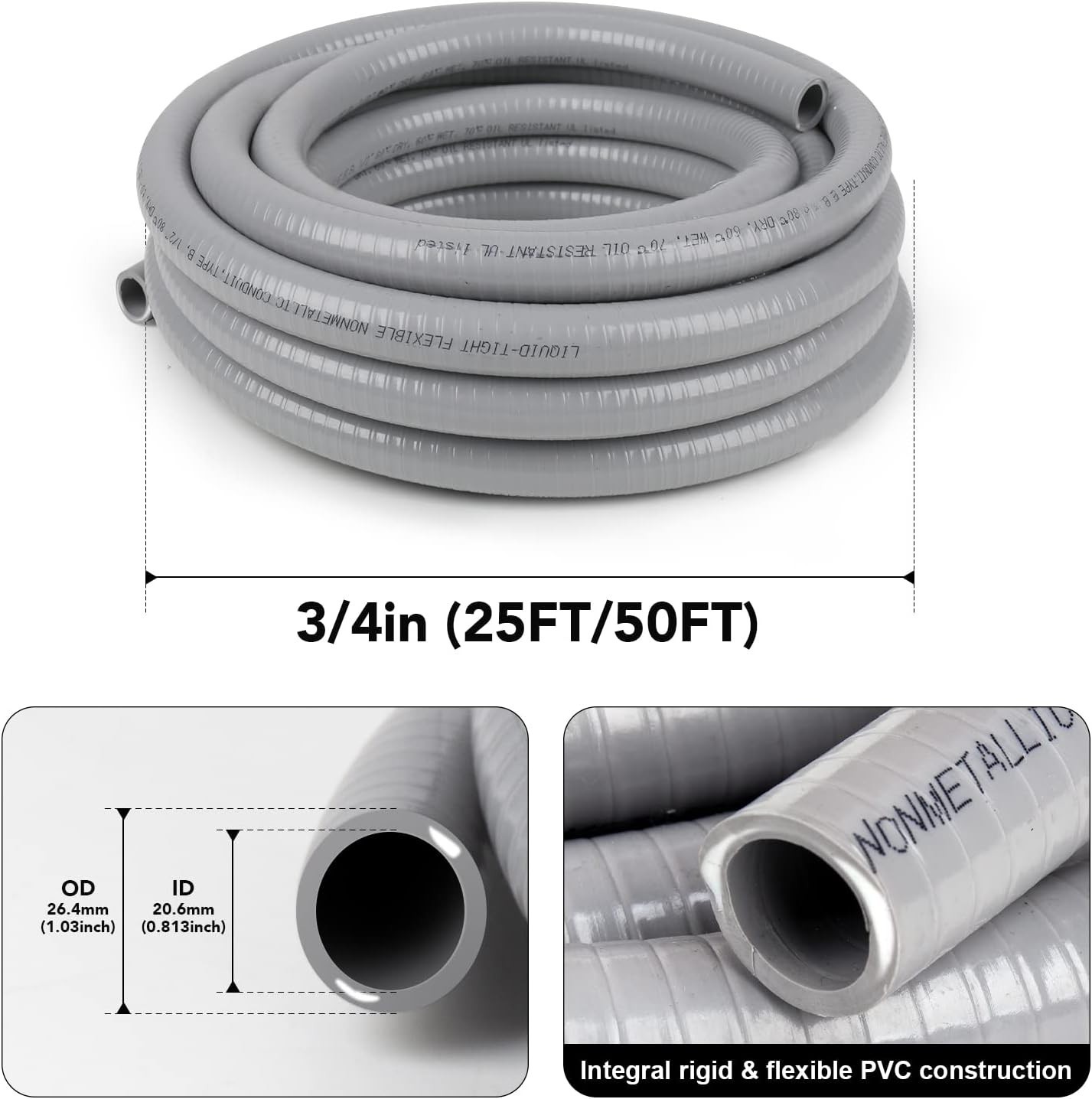 Elecoman 3/4inch 50ft Liquid-Tight Conduit and Connector 50ft, Gray