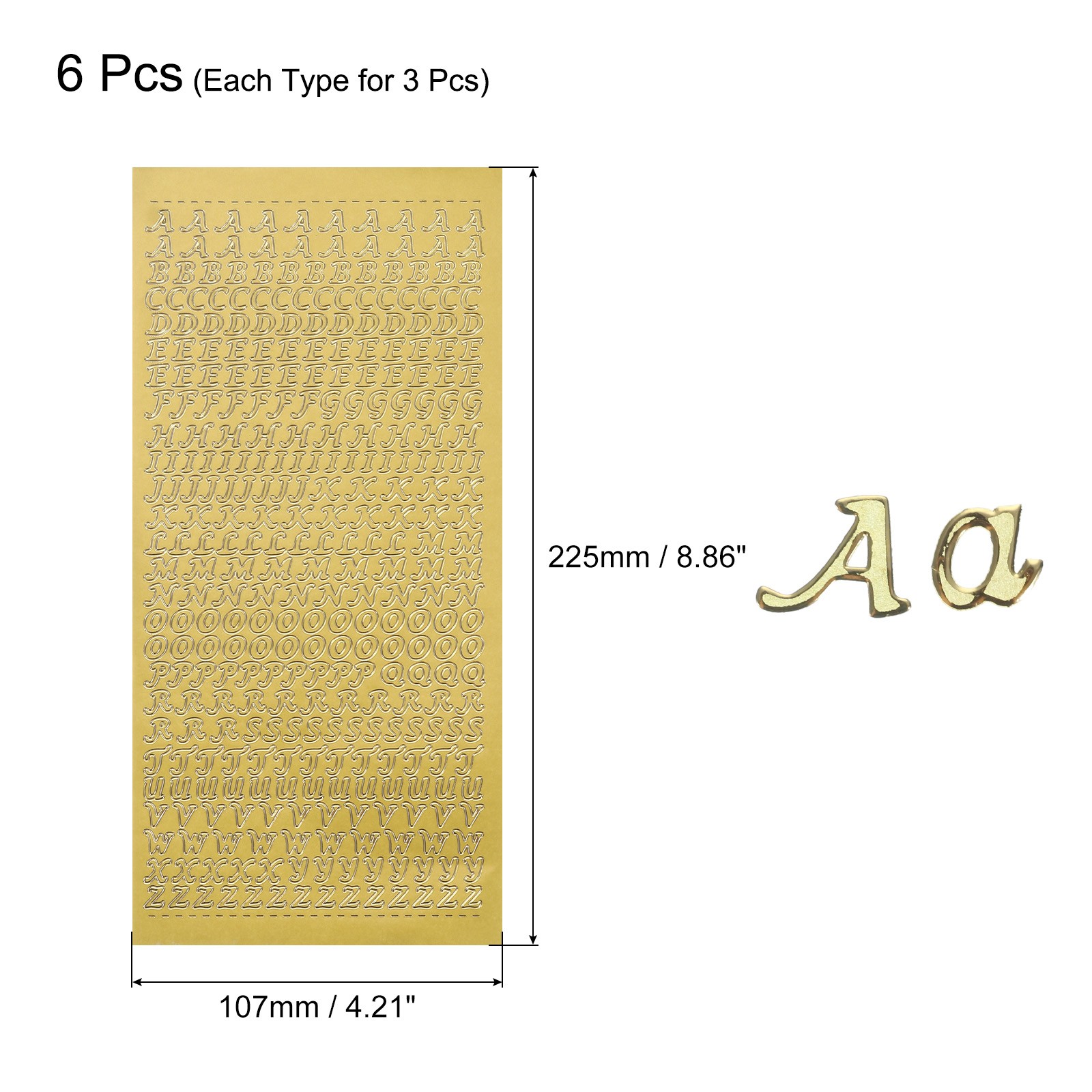 6 Sheets Alphabet Letter Sticker Gold Upper Lower a to Z Self Adhesive