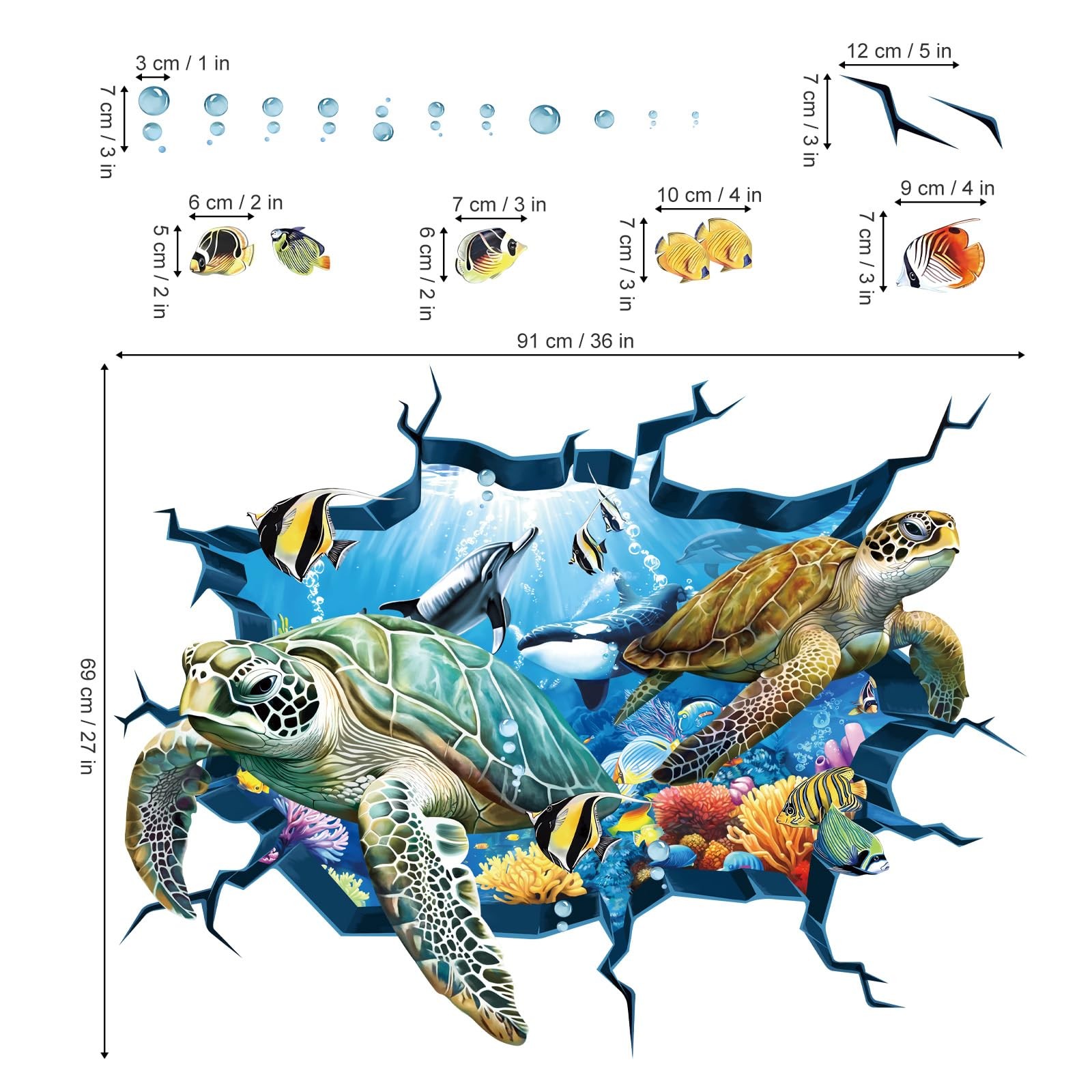 decalmile 3D Under The Sea Turtle Wall Decals Underwater Ocean 3d