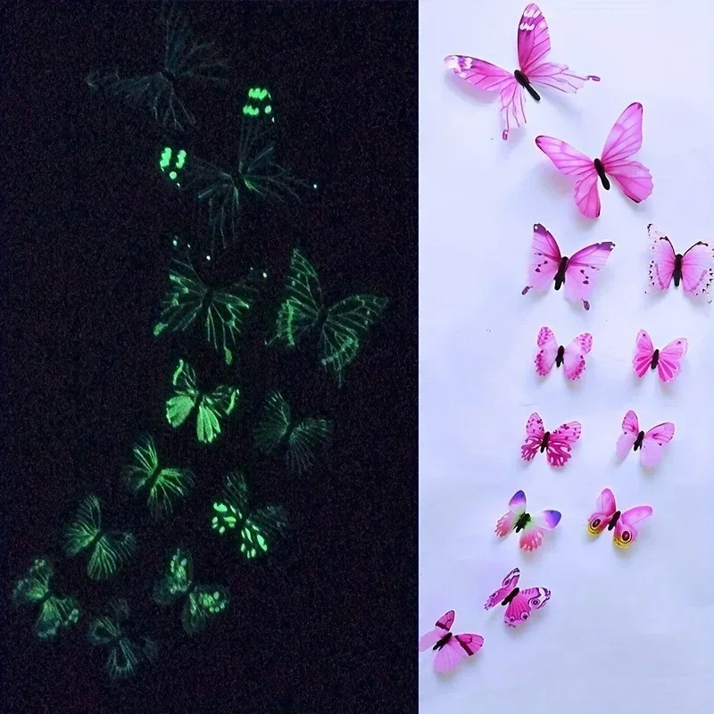 12Pcs Fashion 3D Luminous Butterfly Wall Sticker Glow In Dark DIY Art Decor