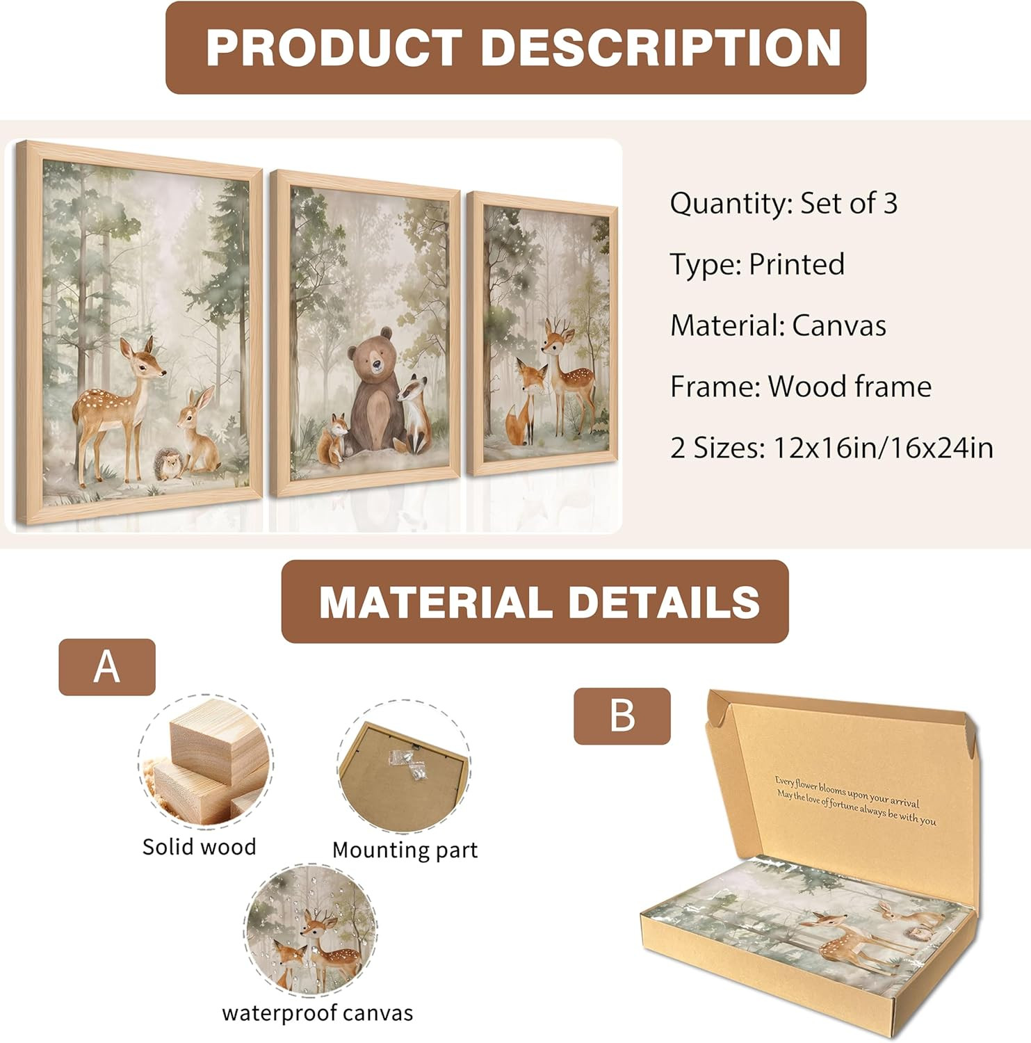 Framed Woodland Wall Art Set of 3, Wild Animals Nursery Wall Decor, Cute Bear Fo