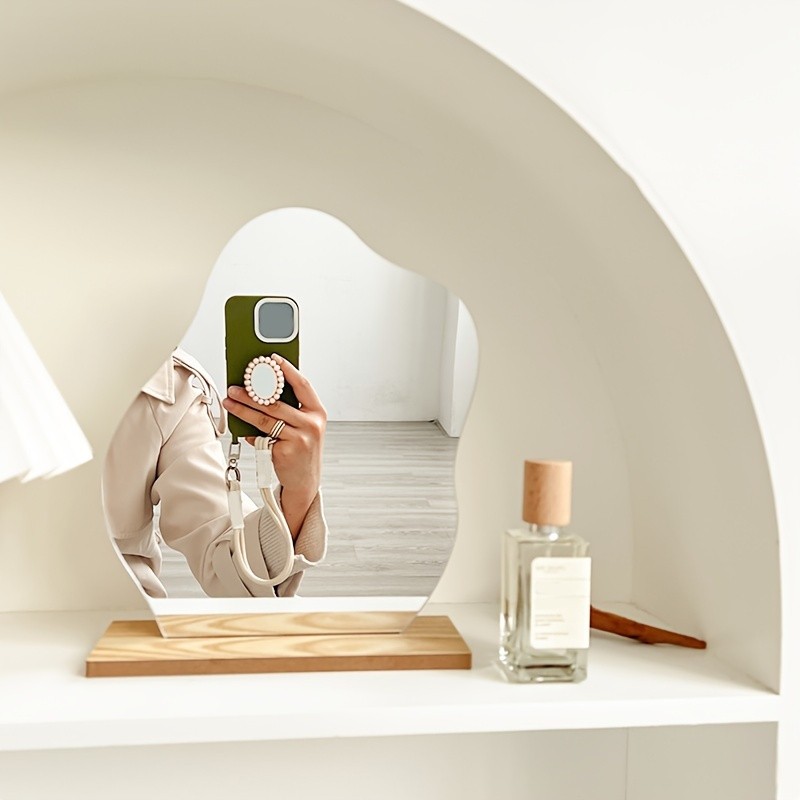 Irregular Decorative Tabletop Vanity Mirror with Wooden Base Bedroom Decor