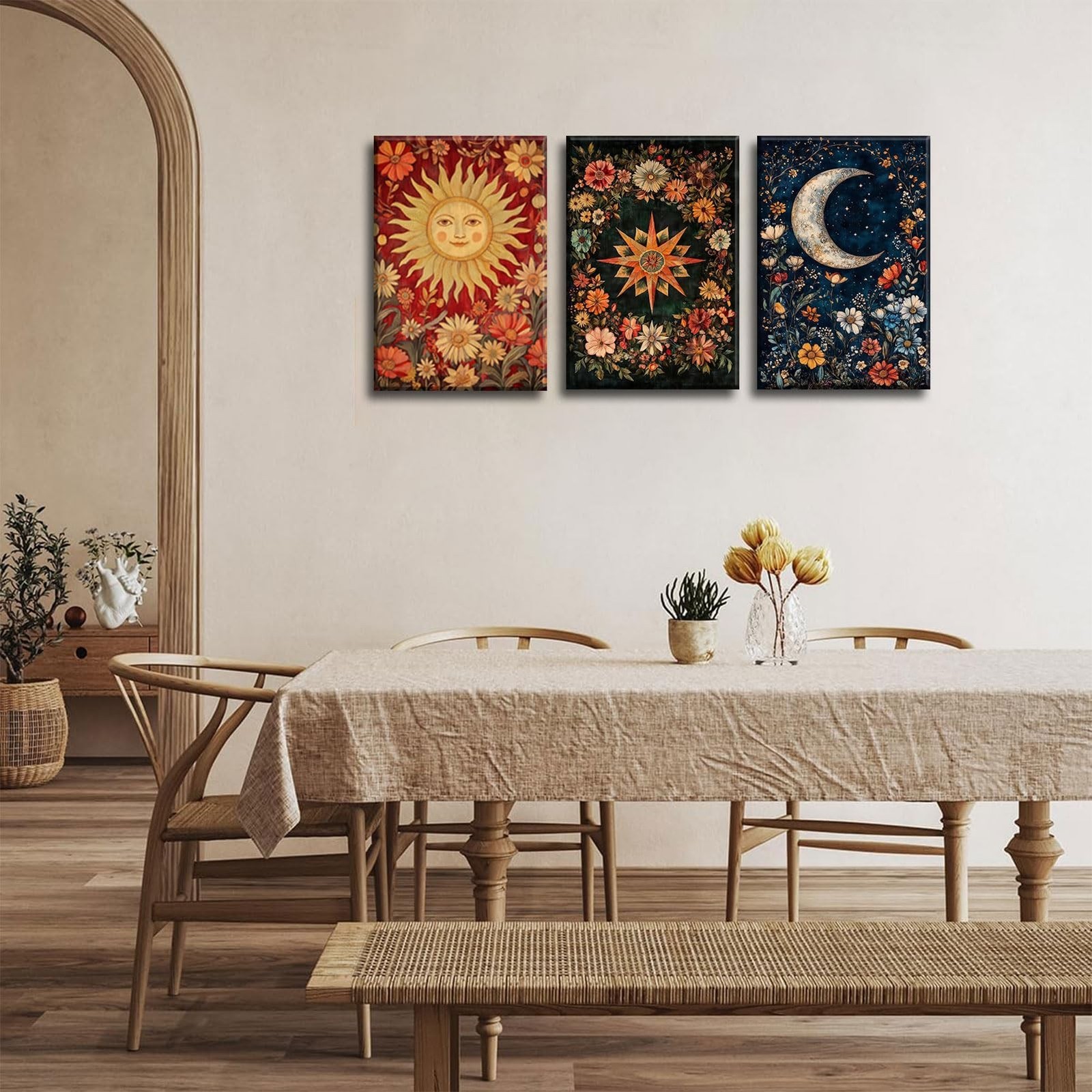 3Pcs Tarot Canvas Wall Art Sun And Moon Celestial painting Decor Pictures Ast…
