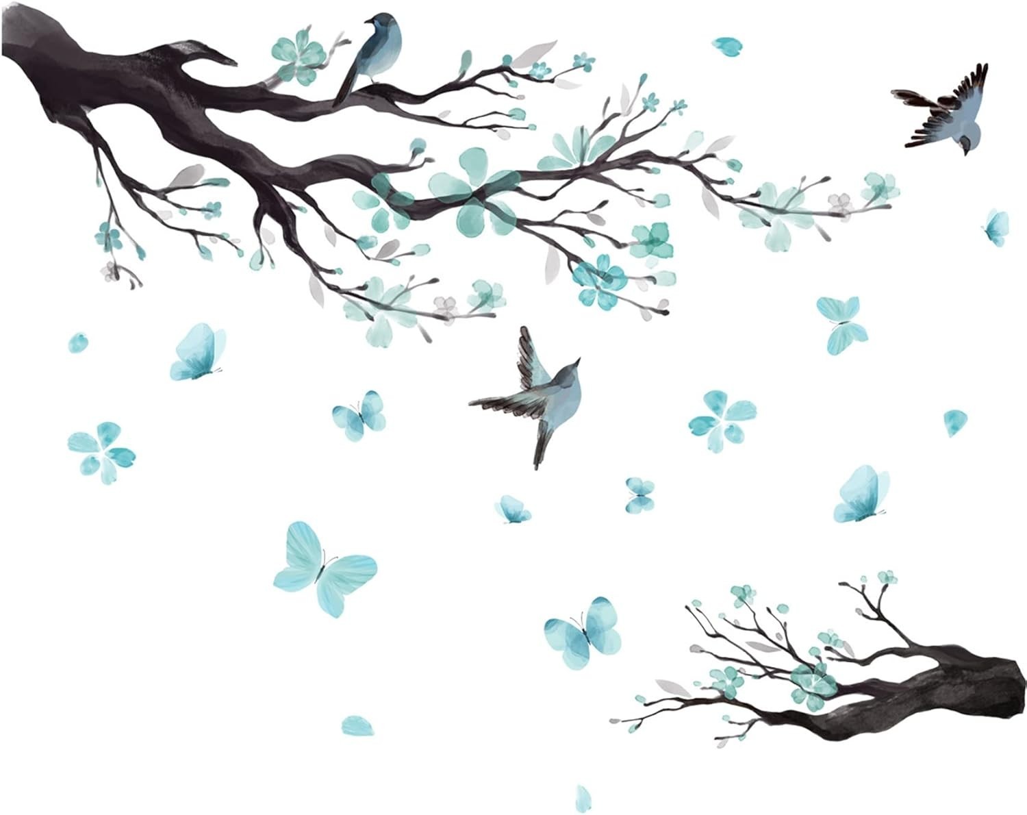 Blue Watercolor Flower Wall Decals Romantic Bird Tree Murals for Kids Rooms