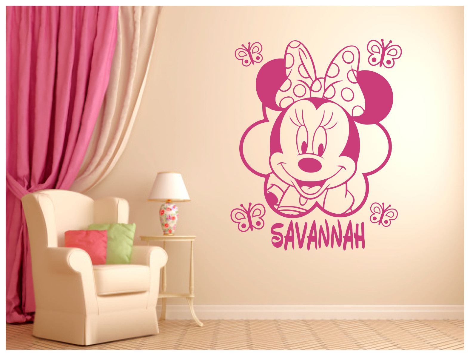 Minnie Mouse Butterflies with Name Vinyl Wall Sticker Decal 22"x27" Colors