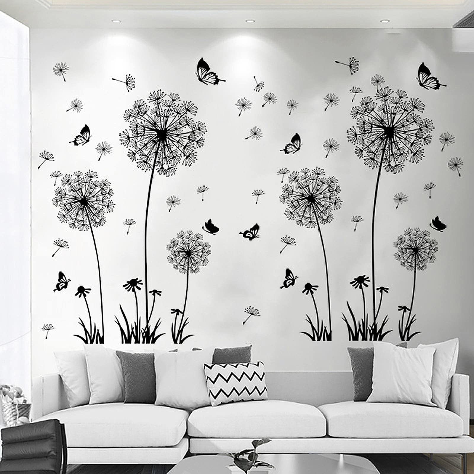 Black and White Dandelion Butterfly Wall Stickers,Creative Peel and Stick Vin…