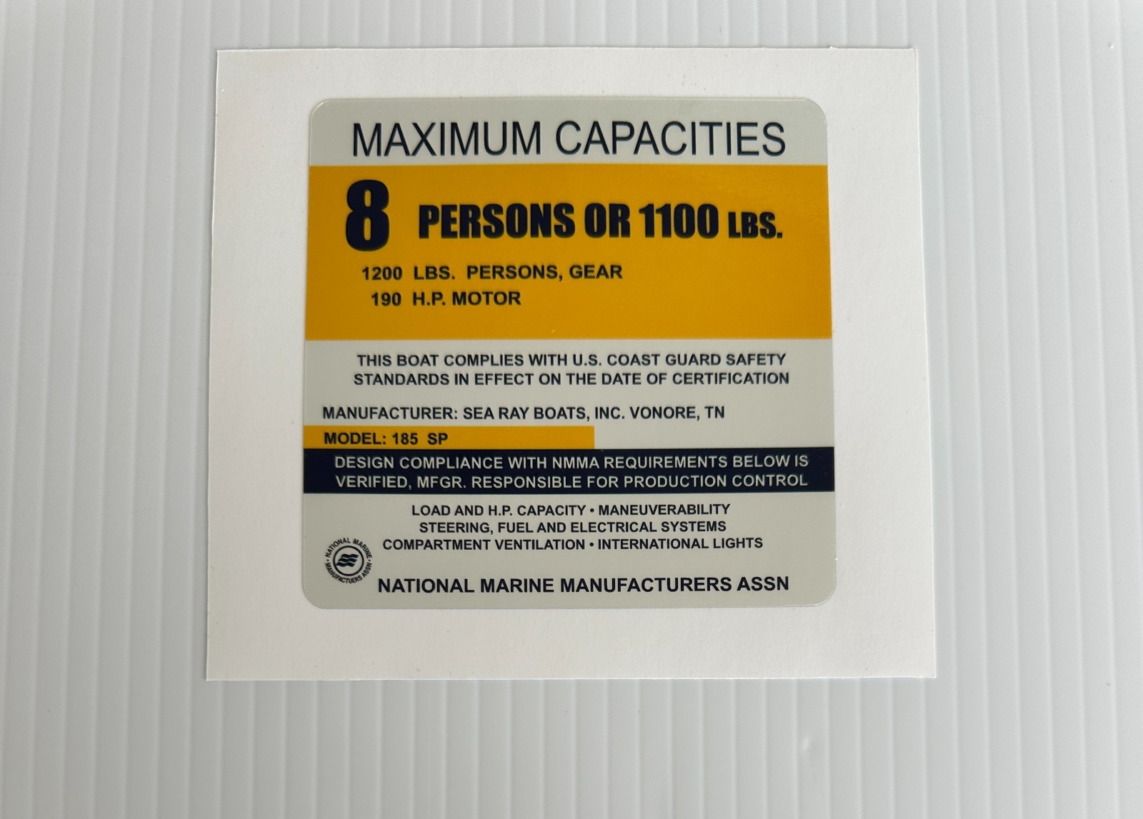 Boat Capacity Plate Sticker 4×4 Sea Ray 185 SP 8 Persons 1100 LBS 190 HP Replace