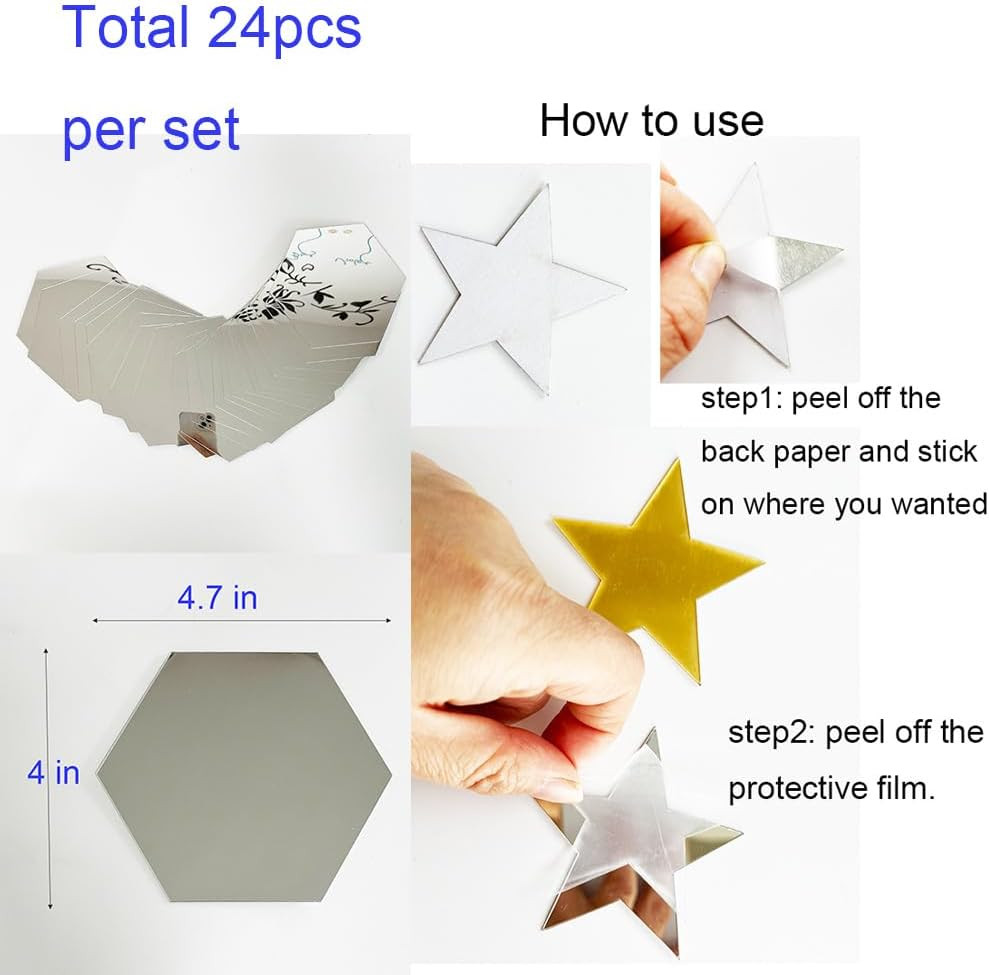 24pcs Silver Hexagon Mirror Acrylic Wall Stickers with