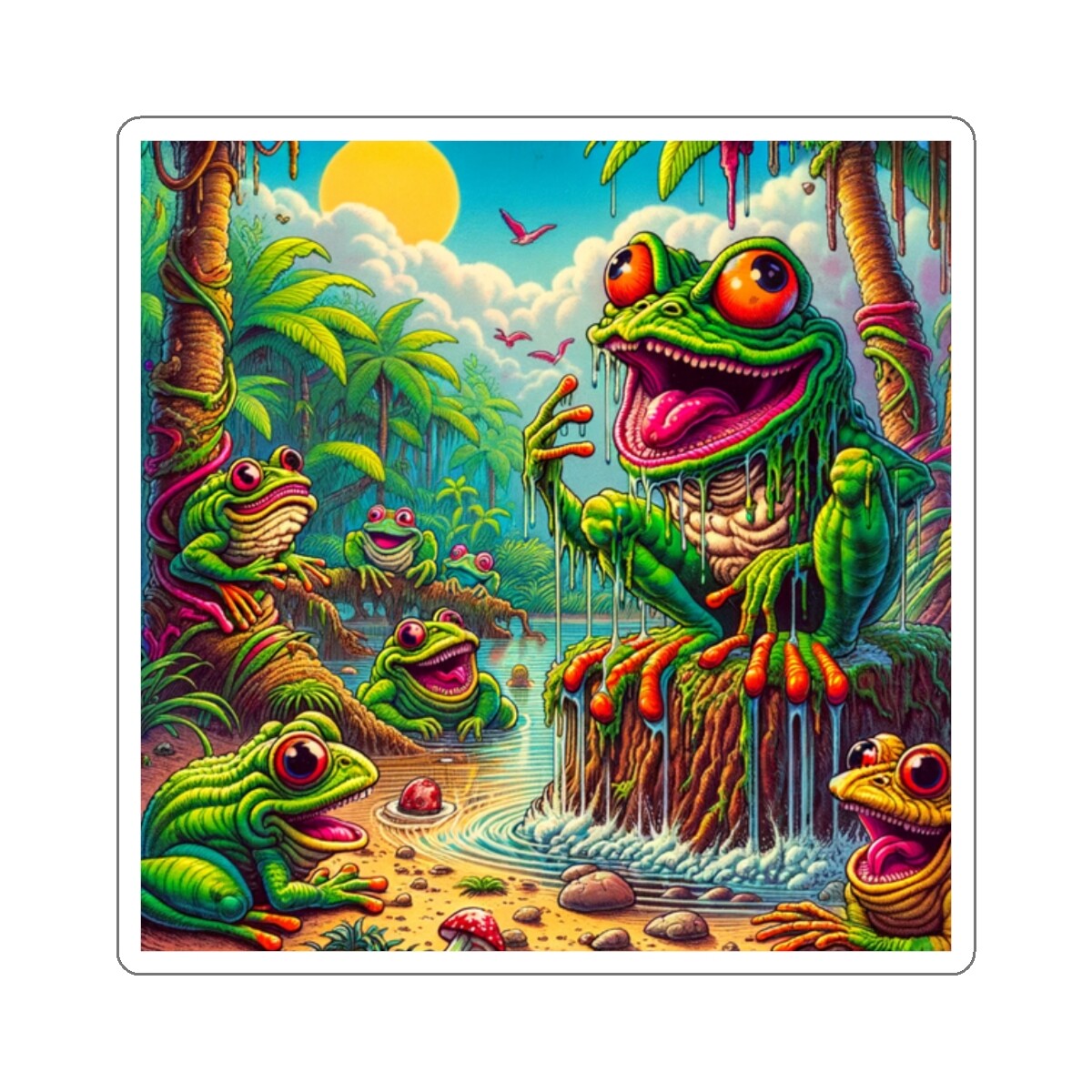 Retro Style 1980s Cartoon Sticker Rain Forest Frogs DMT Trippy Nature Jungle