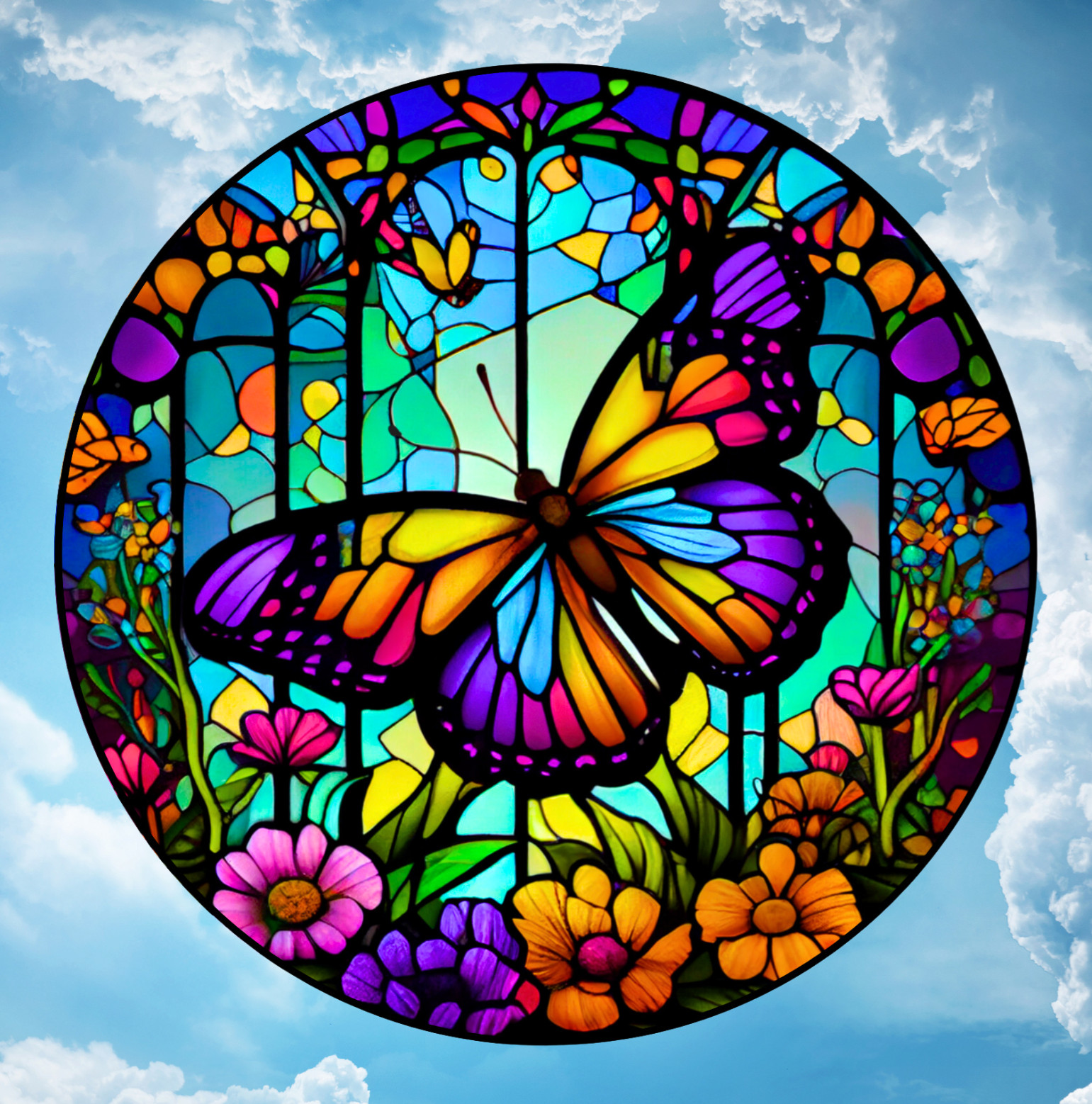 Butterfly Faux Stained-Glass WINDOW CLING Sun-catcher Size 8" Round Vinyl