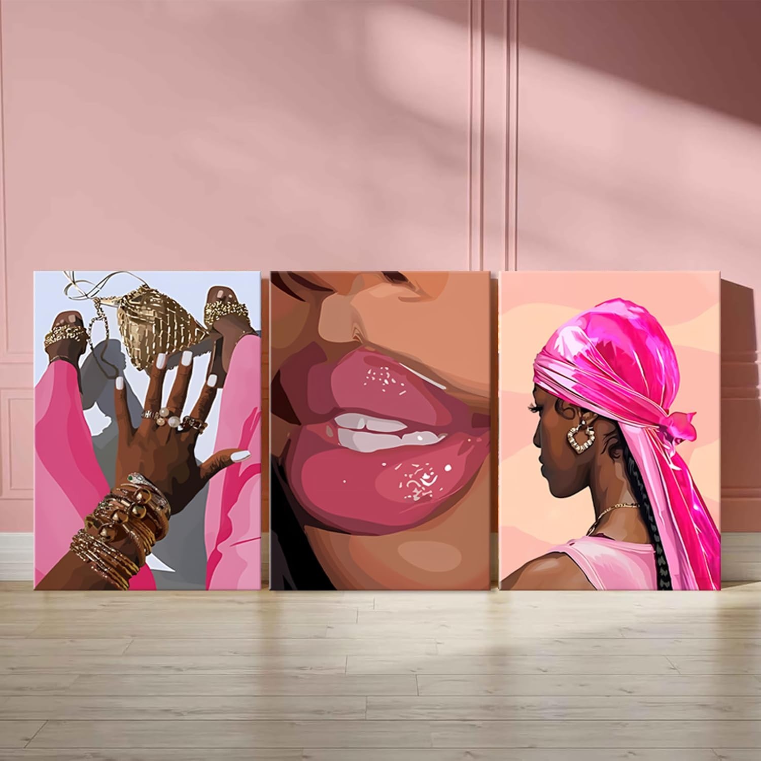 Black Girl Canvas Wall Art Set of 3 Pink African American Black Woman Wall De…