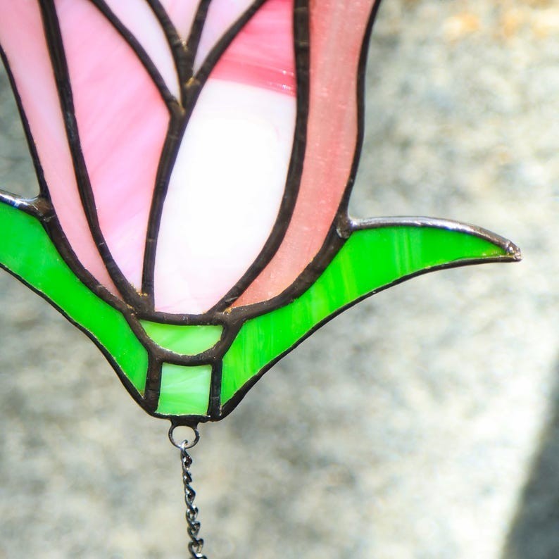 Unmarked Stained Glass Pink & Green Flower Suncatcher, Ready To Hang