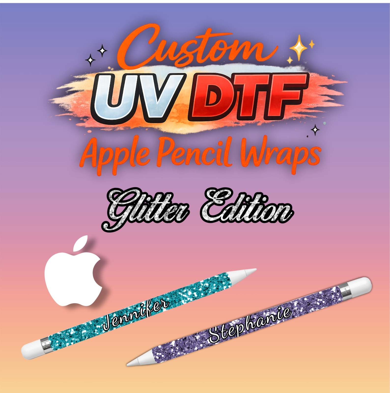 Personalized Apple Pencil Wrap | UV DTF Glitter Name Decal for Apple Pencil