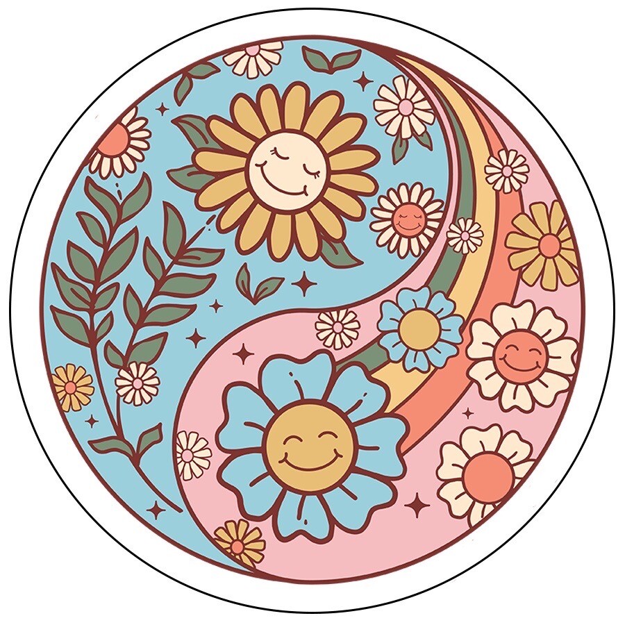 24 Round Stickers YinYang Flowers Boho Pastel Circle Labels Envelope Seals