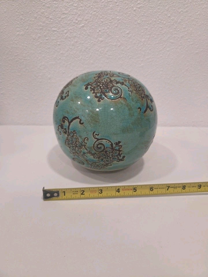 Vintage Turquoise Crackle Glaze Ceramic Decorative Orb Sphere 7” Floral Scroll