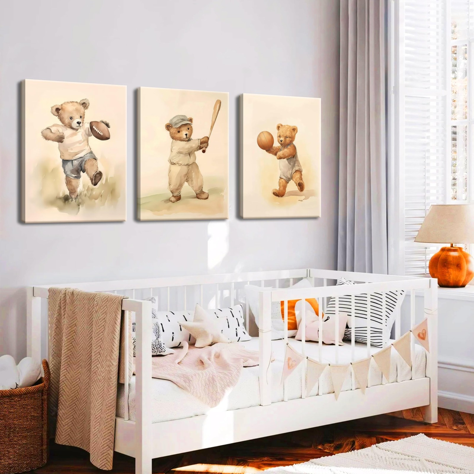Bear Rugby Sports Nursery Canvas Wall Art Set of 3 – Cute Vintage Baby Bear P…