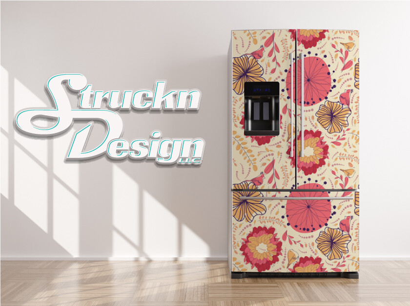 Floral Flower Line Art Pink Yellow Fridge Freezer Wrap Side Door Vinyl Decal