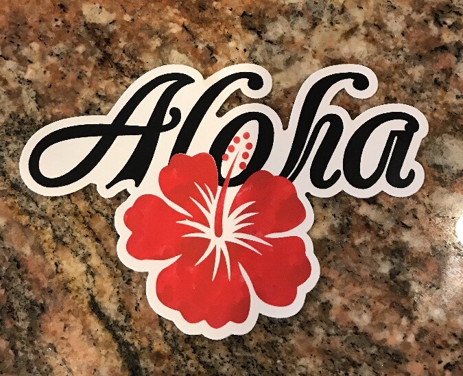 Aloha Hibiscus Sticker – Red Tropical Hawaiian Flower Surfing Waves Beach Island