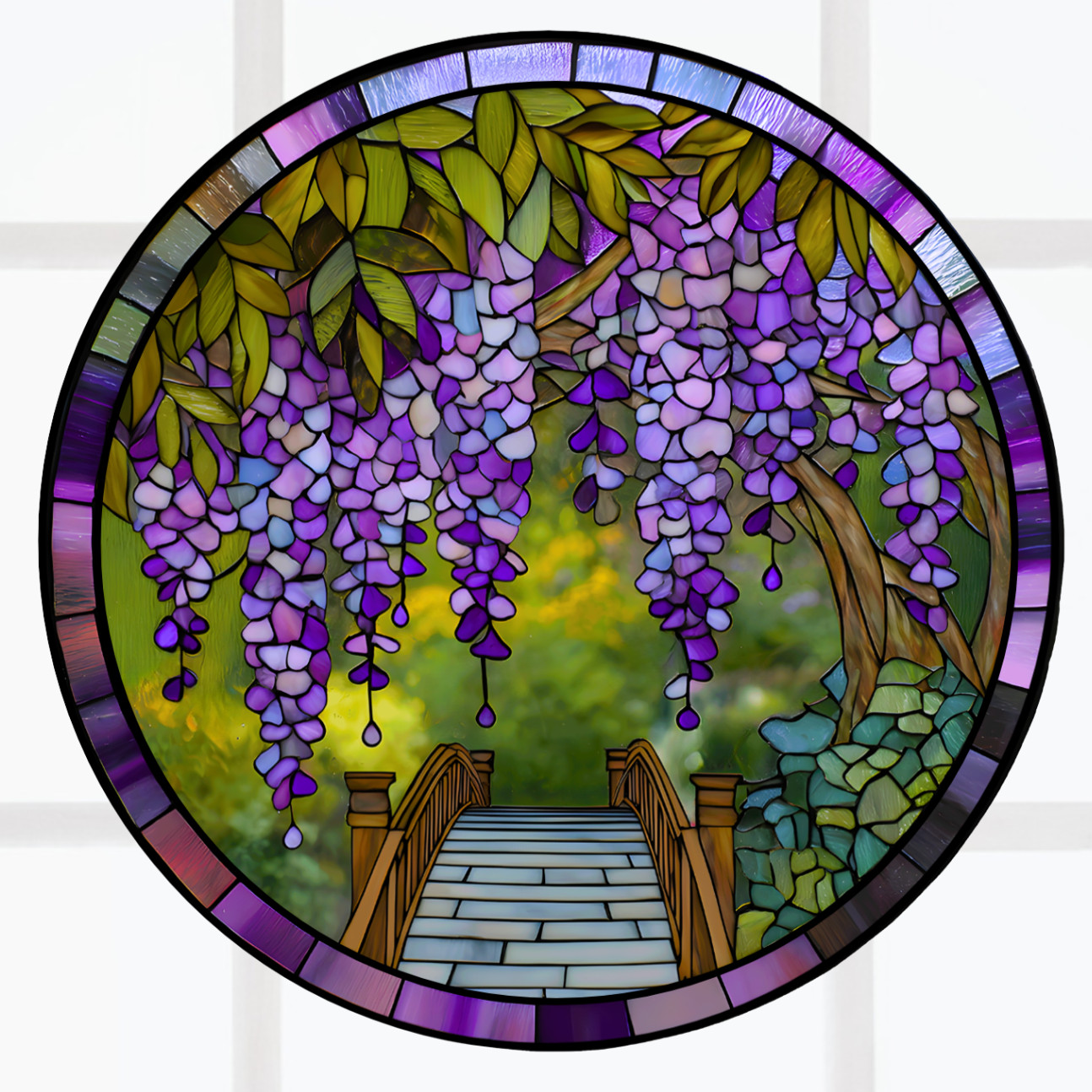 Wisteria Flowers Faux Stained-Glass WINDOW CLING Size 8" Round Vinyl