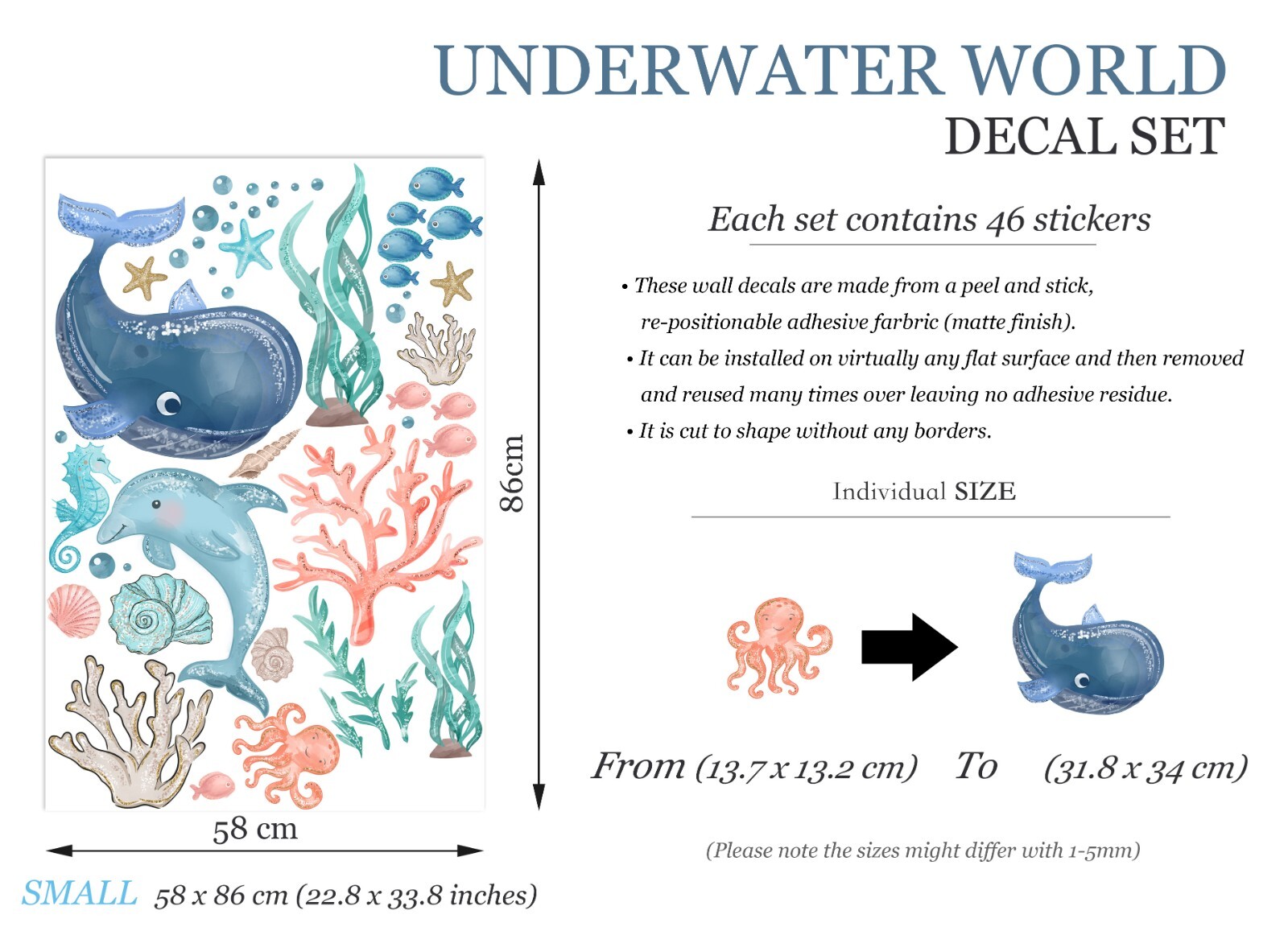 Sea World Ocean Underwater Whale Dolphin Coral Removable Wall Decal Sticker Deco