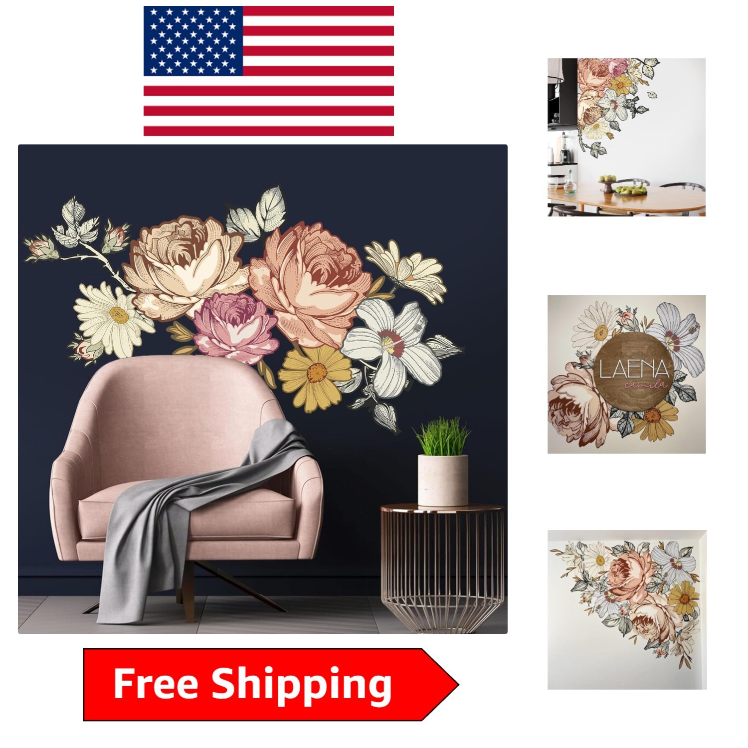 Vintage Peony & Daisies Wall Sticker – Elegant Floral Decal for Indoor Charm