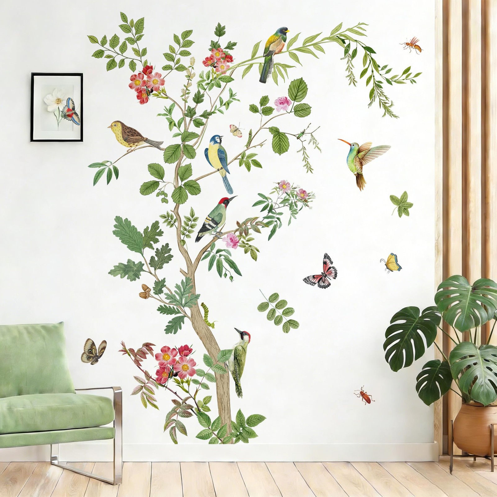 Large Green Tree Wall Decals Floral Tree Branch with Birds Peel and Stick Rem…