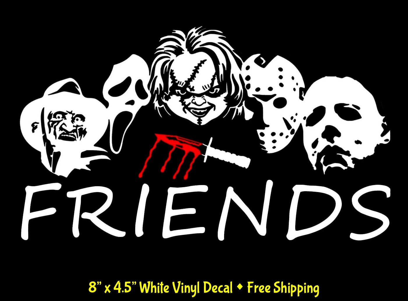 Friends Horror Characters Jason Chucky Myers Fred Ghost face 8" White Decal