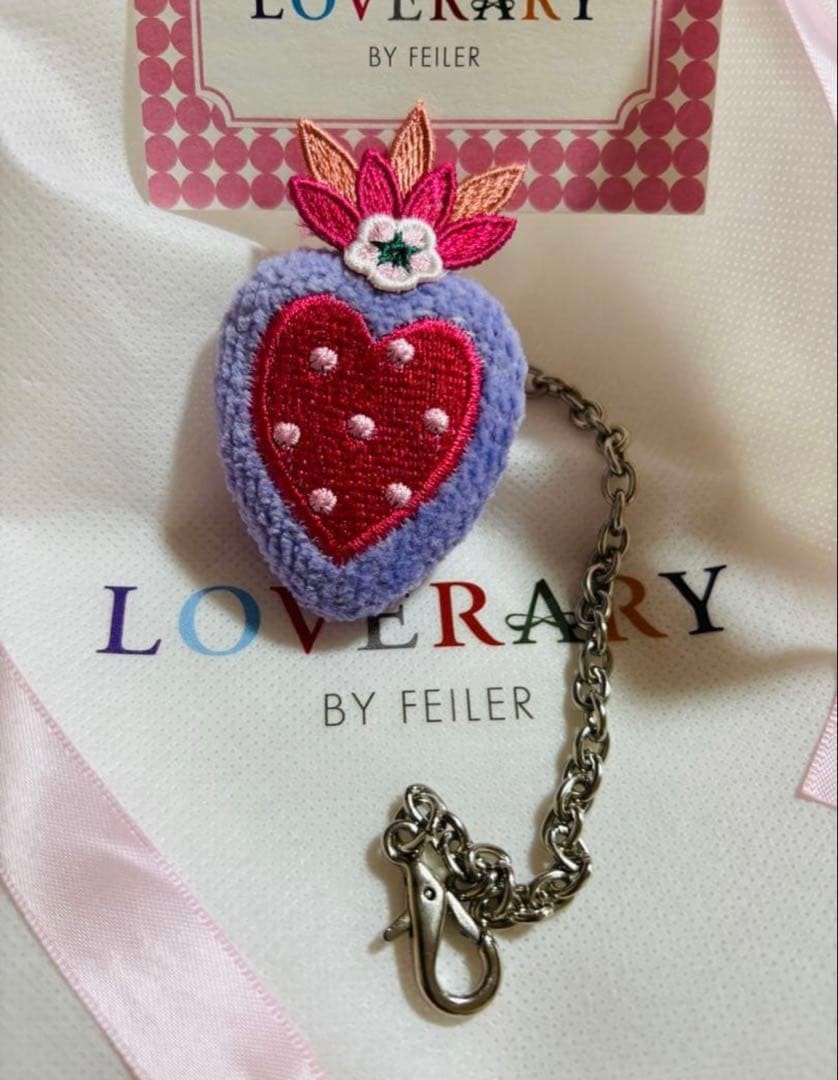 FEILER LOVERARY Corazon Heart Strawberry Charm Keyring Pink Purple 3.5 x 3.1 in