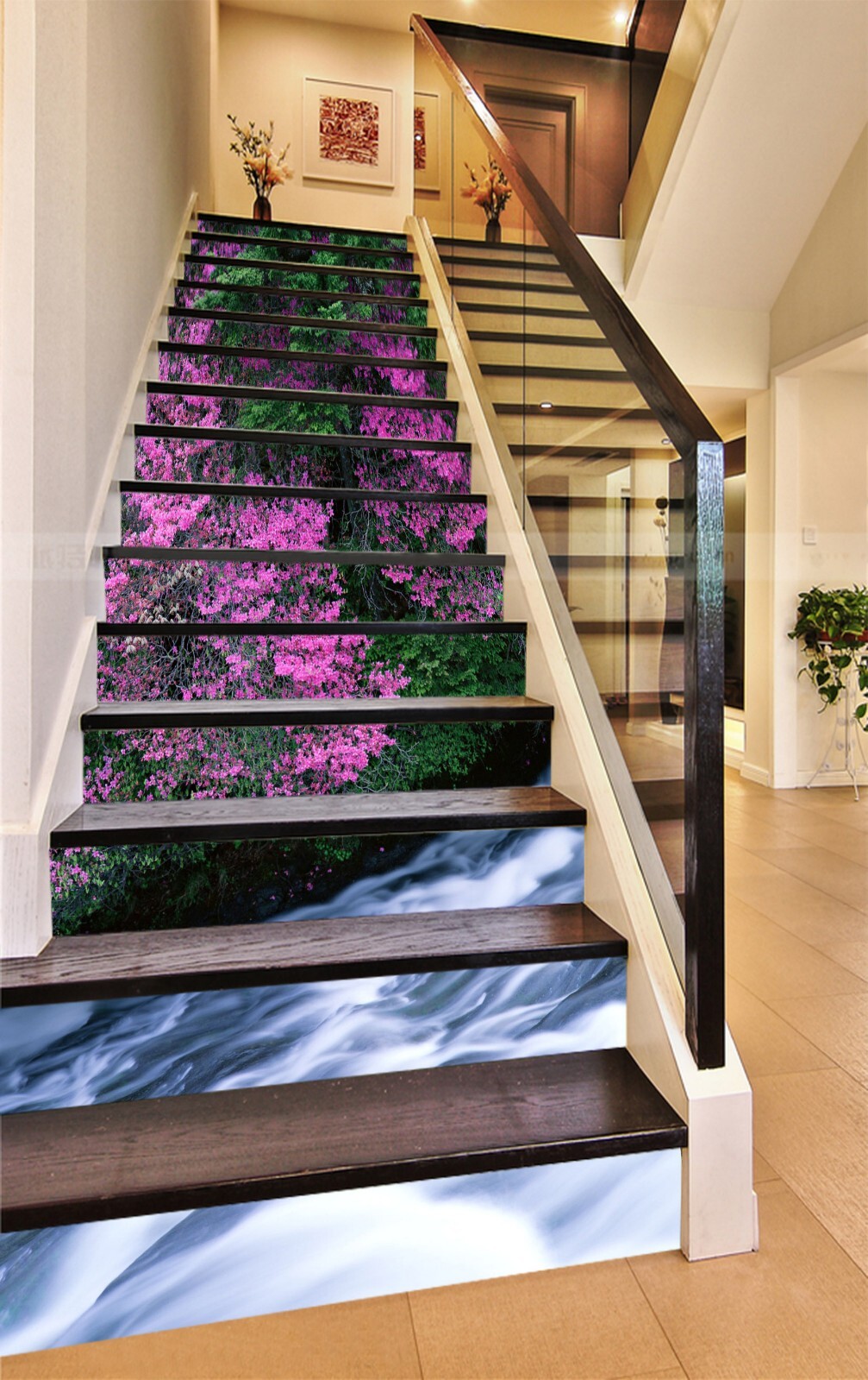 3D Pink Flower River AZ1181 Stair Risers Decoration Mural Vinyl Wallpaper Kay