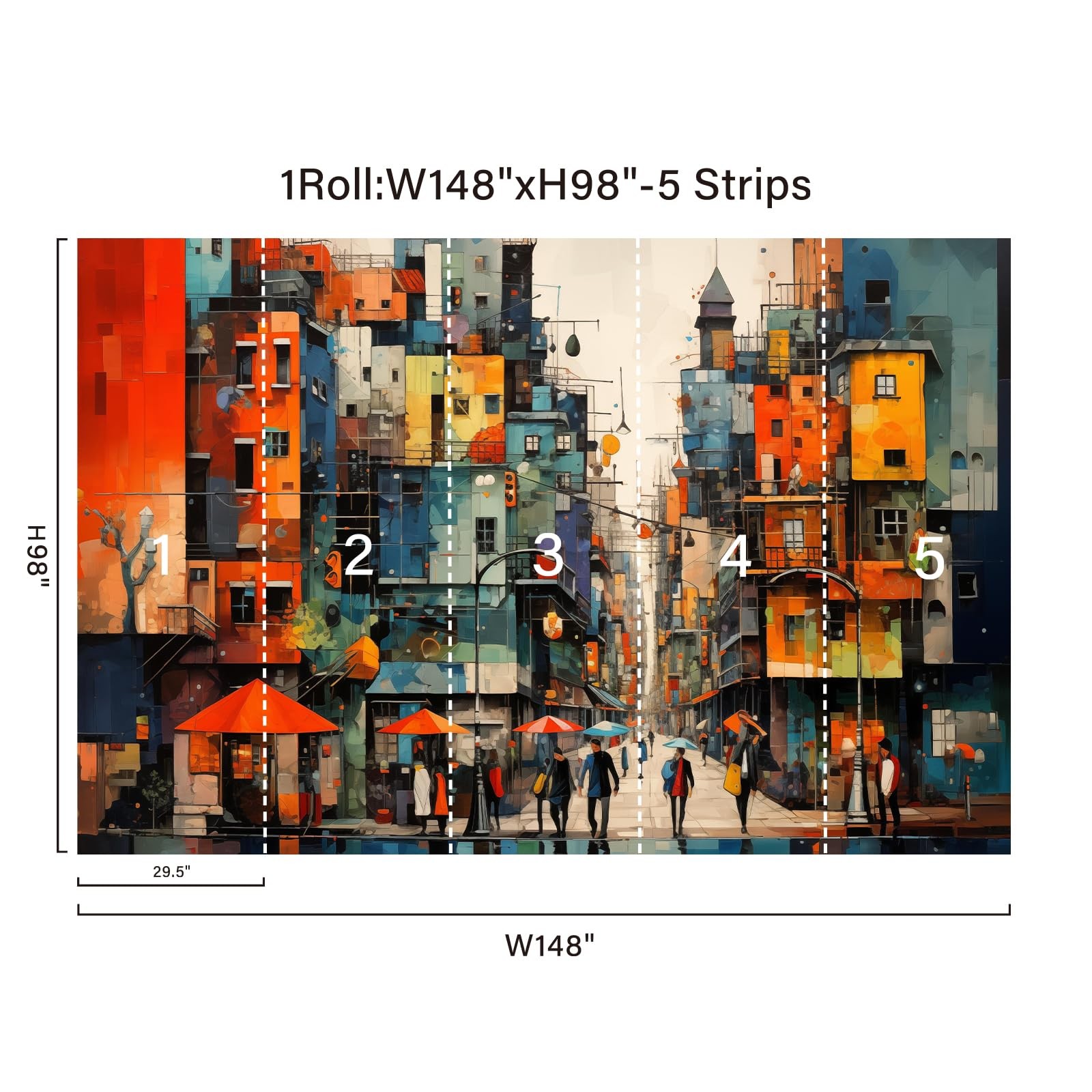 Colorful Modern City Wall Murals 3D Peel and Stick 148" W x 98" H Hand Painte…