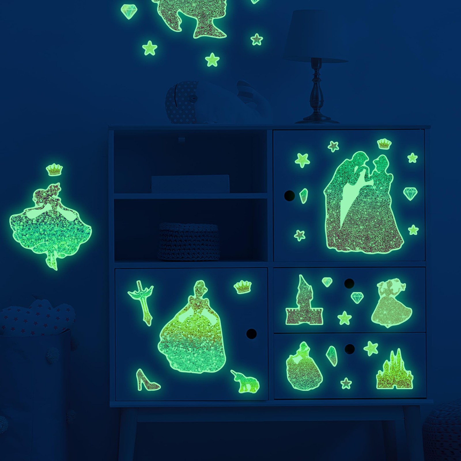 Glow in The Dark Princess and Crown Wall Decals, Glitter Stars Stickers for B…