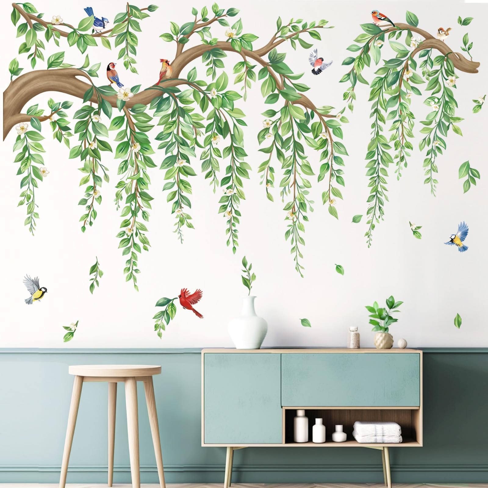 Large Tree Branch Hanging Vine Wall Stickers Green Leaf Flower Birds Peel and…