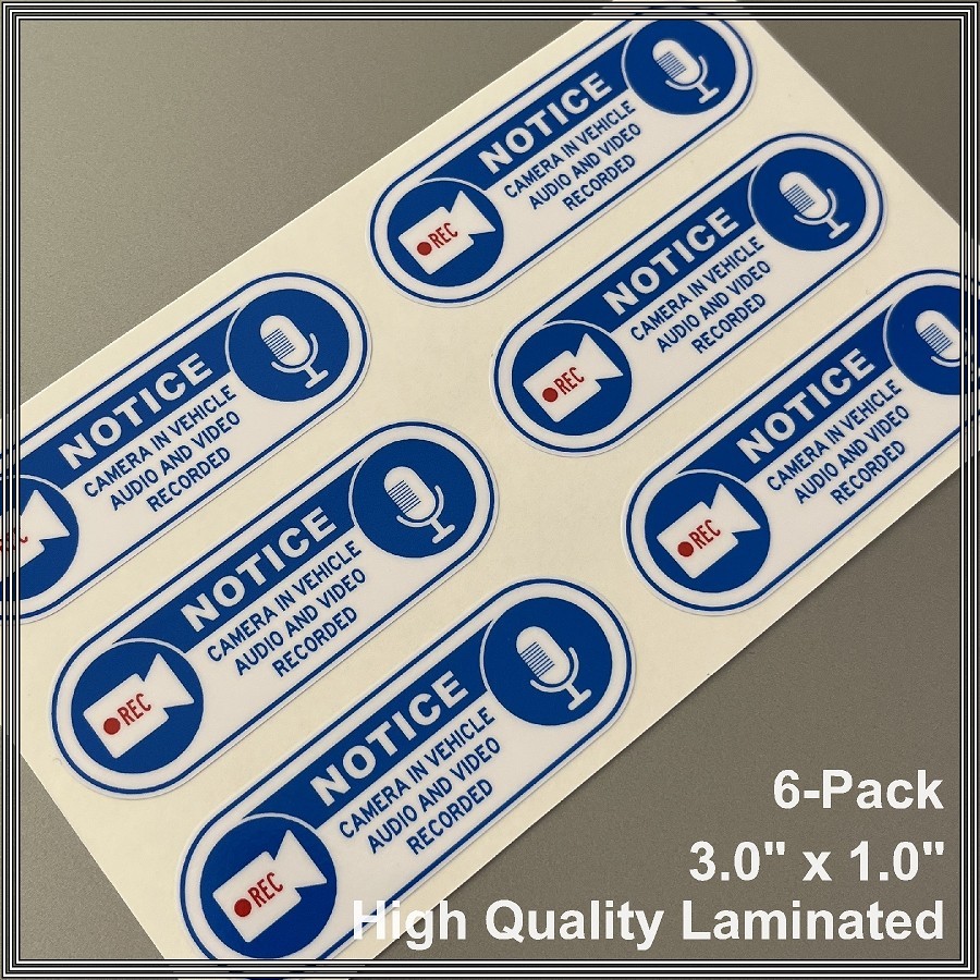 Camera in Car Recording Video 6-Pack Decals White & Blue 3.0" x 1.0" for Uber