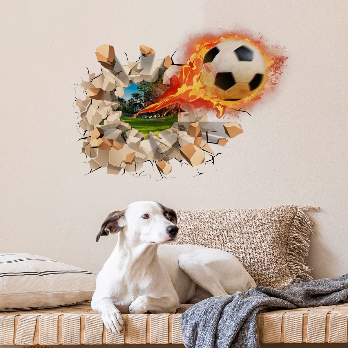 Realistic 3D Soccer Ball Wall Sticker – Cracked Wall Effect 15.7×11.8 Inches
